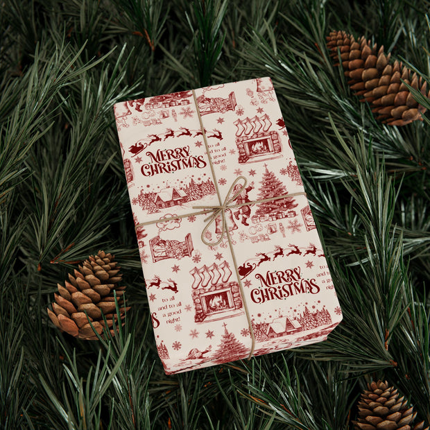 Vintage Santa Christmas Gift Wrap, Toile Twas the Night Before - Gift Wrap - Maroon