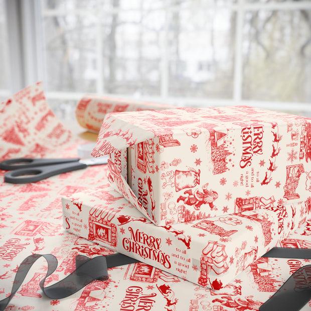 Vintage Santa Christmas Gift Wrap, Toile Twas the Night Before - Gift Wrap - Red