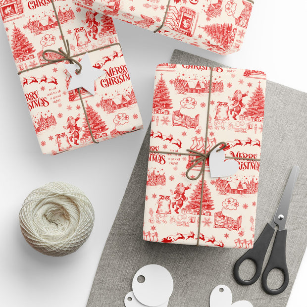 Vintage Santa Christmas Gift Wrap, Toile Twas the Night Before - Gift Wrap - Red