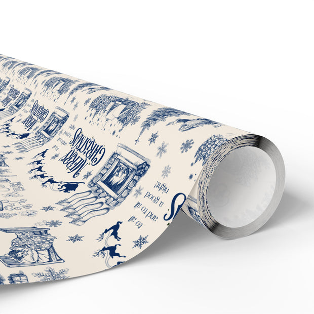 Vintage Santa Christmas Gift Wrap, Toile Twas the Night Before - Gift Wrap - Blue