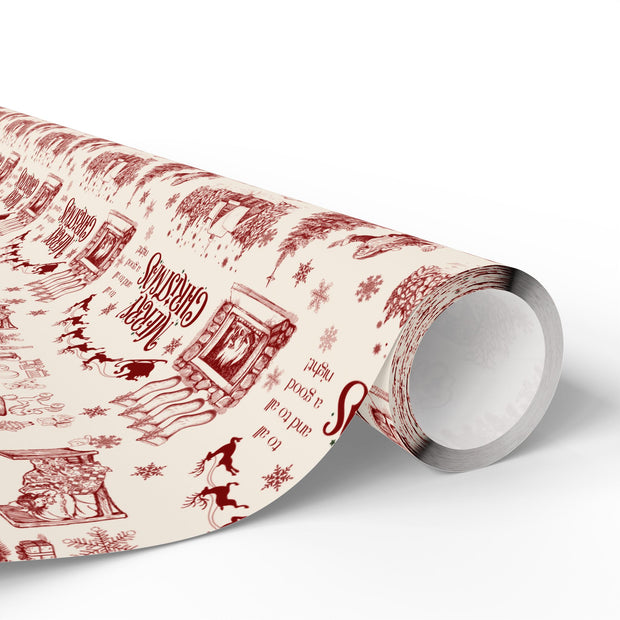 Vintage Santa Christmas Gift Wrap, Toile Twas the Night Before - Gift Wrap - Maroon