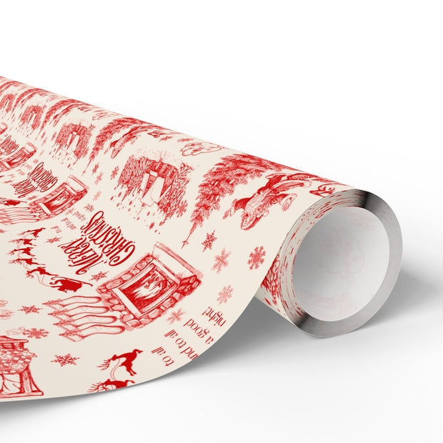 Vintage Santa Christmas Gift Wrap, Toile Twas the Night Before - Gift Wrap - Red