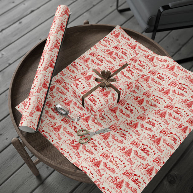 Vintage Santa Christmas Gift Wrap, Toile Twas the Night Before - Gift Wrap - Red