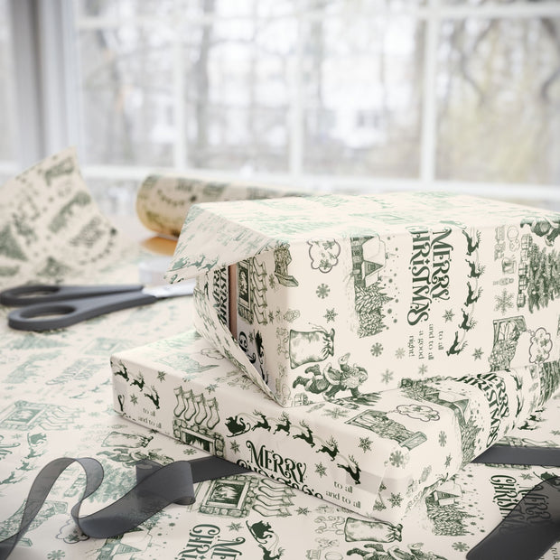 Vintage Santa Christmas Gift Wrap, Toile Twas the Night Before - Gift Wrap - Green
