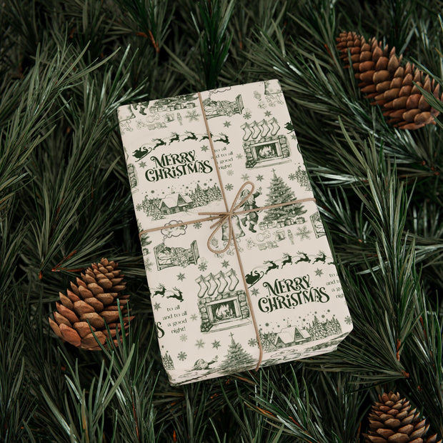 Vintage Santa Christmas Gift Wrap, Toile Twas the Night Before - Gift Wrap - Green