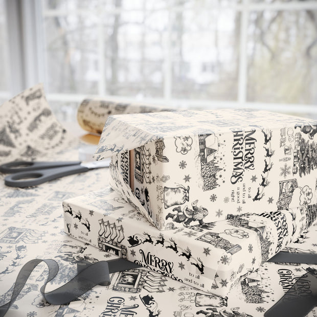 Vintage Santa Christmas Gift Wrap, Toile Twas the Night Before - Gift Wrap - Black