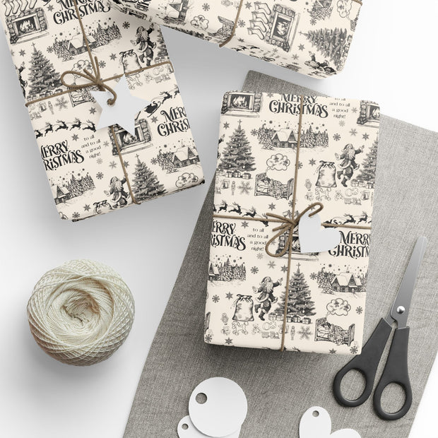 Vintage Santa Christmas Gift Wrap, Toile Twas the Night Before - Gift Wrap - Black