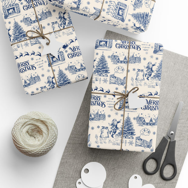 Vintage Santa Christmas Gift Wrap, Toile Twas the Night Before - Gift Wrap - Blue