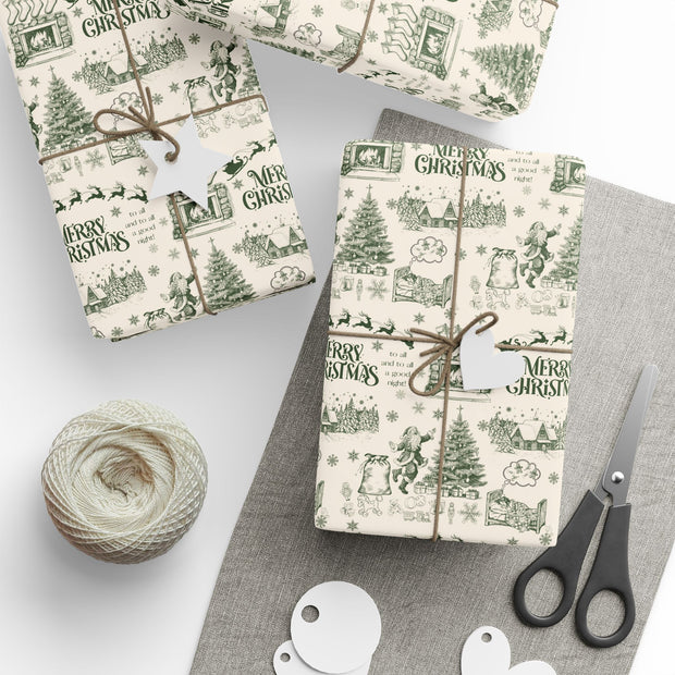 Vintage Santa Christmas Gift Wrap, Toile Twas the Night Before - Gift Wrap - Green