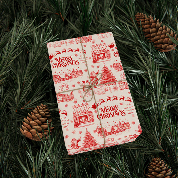 Vintage Santa Christmas Gift Wrap, Toile Twas the Night Before - Gift Wrap - Red
