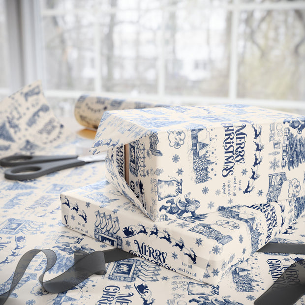Vintage Santa Christmas Gift Wrap, Toile Twas the Night Before - Gift Wrap - Blue