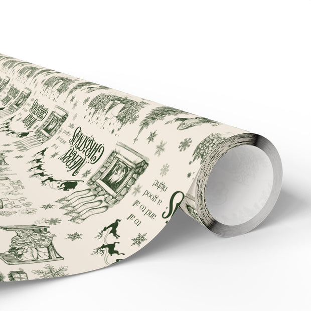 Vintage Santa Christmas Gift Wrap, Toile Twas the Night Before - Gift Wrap - Green