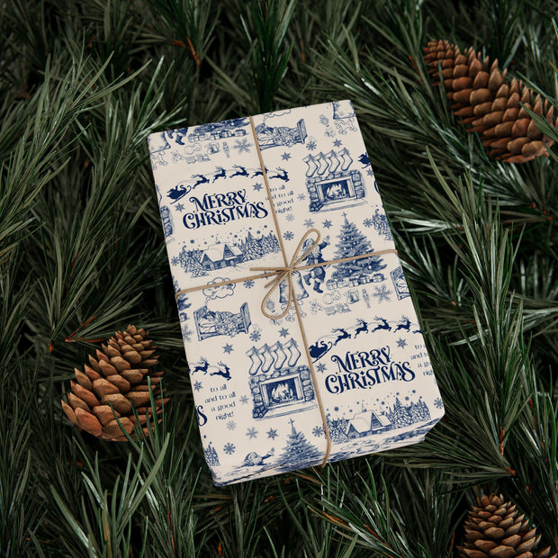 Vintage Santa Christmas Gift Wrap, Toile Twas the Night Before - Gift Wrap - Blue