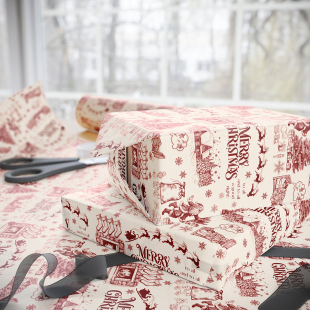 Vintage Santa Christmas Gift Wrap, Toile Twas the Night Before - Gift Wrap - Maroon