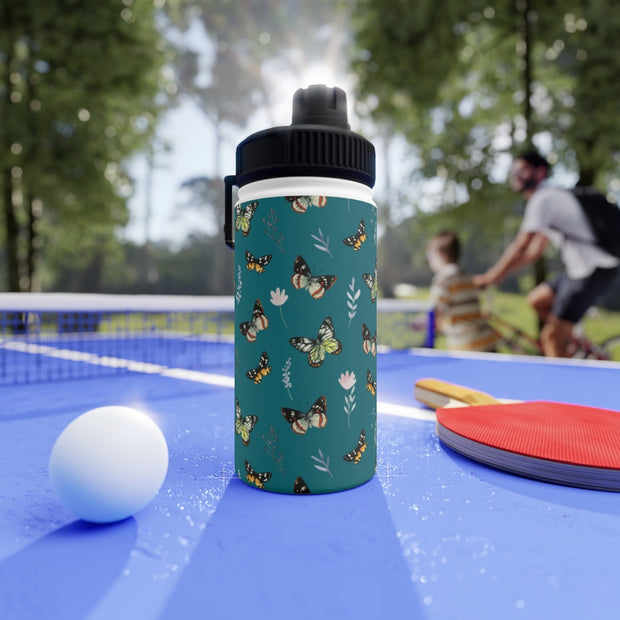 Cottagecore Water Bottle Dark Teal Butterflies Kids or Tweens, Back to School, Gift for Teacher Stainless Steel, Sports Lid - LaBelleVieHome